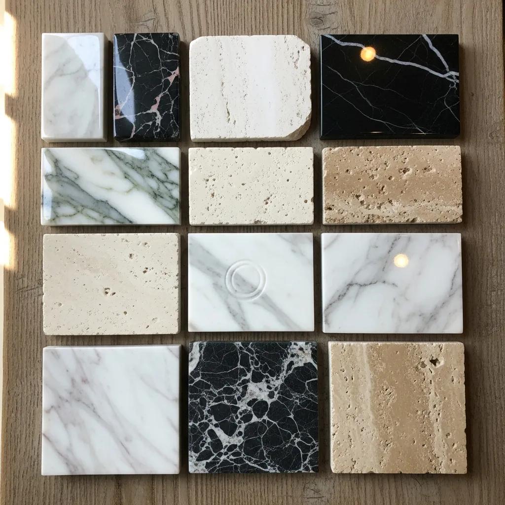 Various types of natural stones including marble, limestone, and travertine, highlighting their benefits from anti-etch sealing