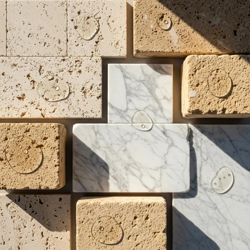 Various types of natural stones including marble, limestone, and travertine showcasing their textures and colors