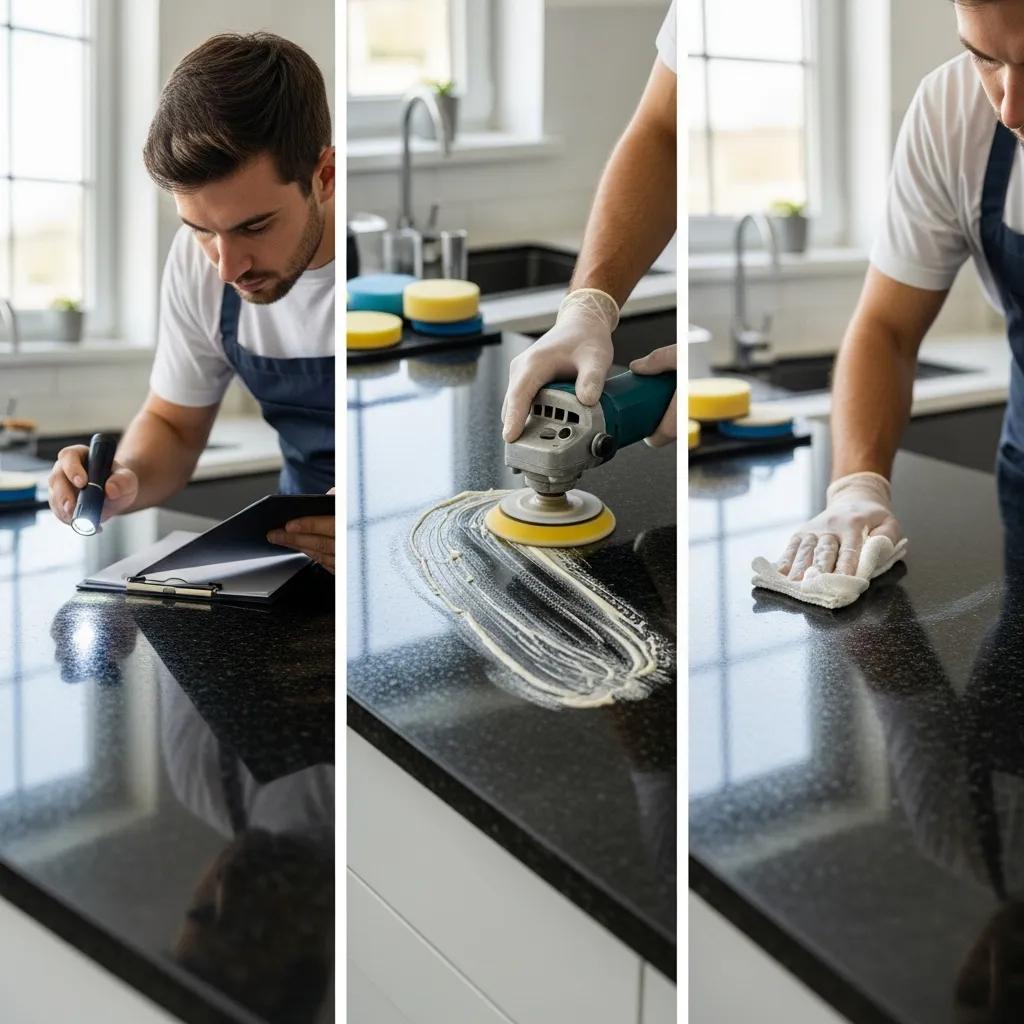 Visual representation of the granite polishing and restoration process, highlighting assessment, polishing, and sealing steps