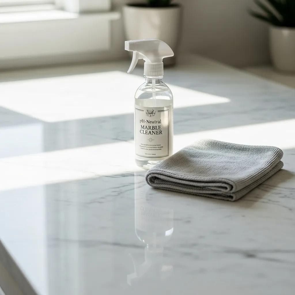 Well-maintained marble countertop with cleaning supplies, emphasizing essential care and maintenance tips