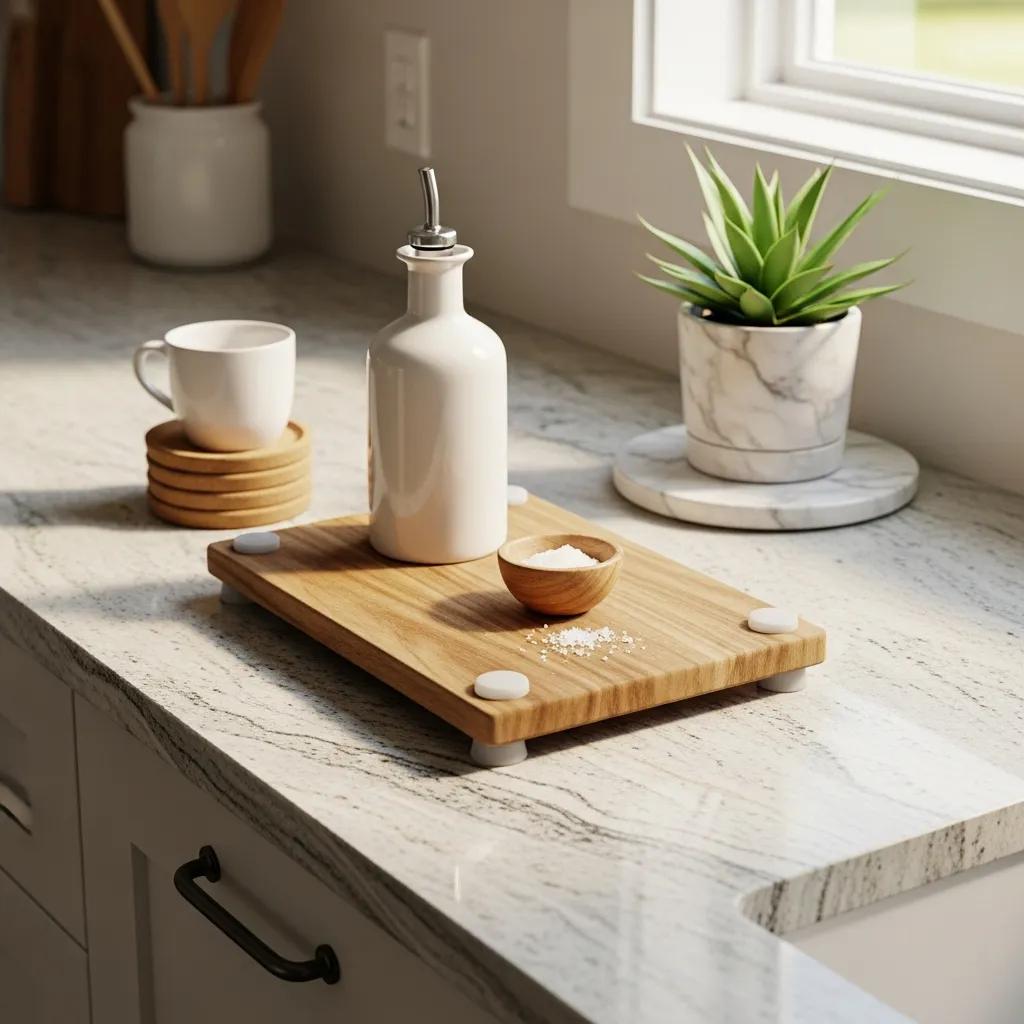 Well-maintained natural stone countertop with coasters and cutting board