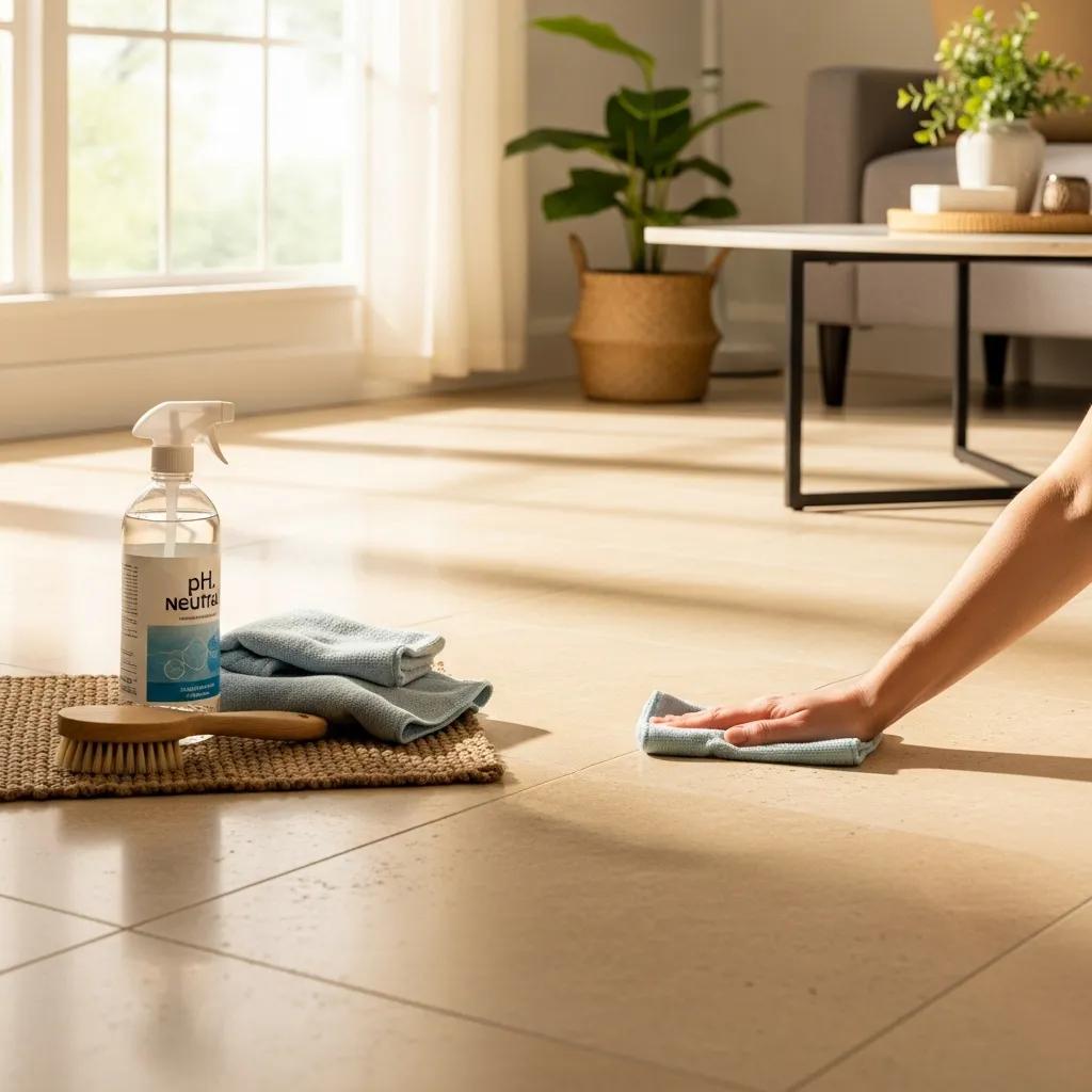 Well-maintained travertine floor with cleaning supplies in a stylish living space