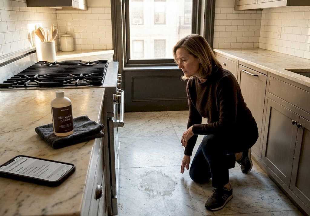 Woman inspecting marble kitchen floor for damage