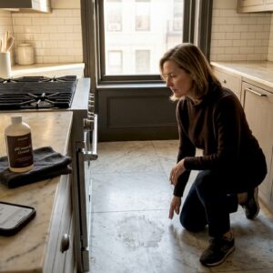 Woman inspecting marble kitchen floor for damage