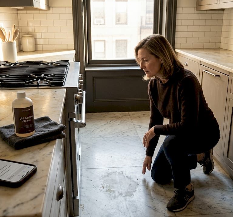 Woman inspecting marble kitchen floor for damage