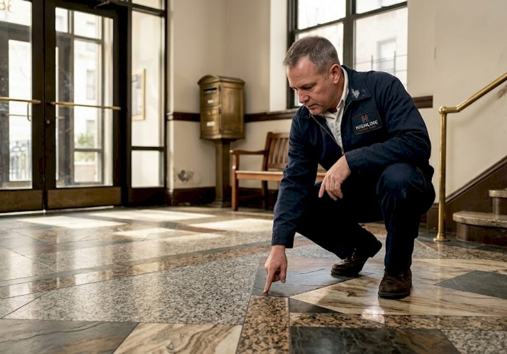 Superintendent inspects natural stone lobby floor