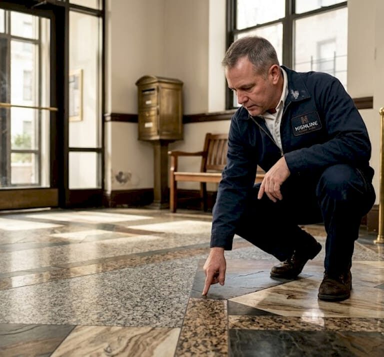 Superintendent inspects natural stone lobby floor