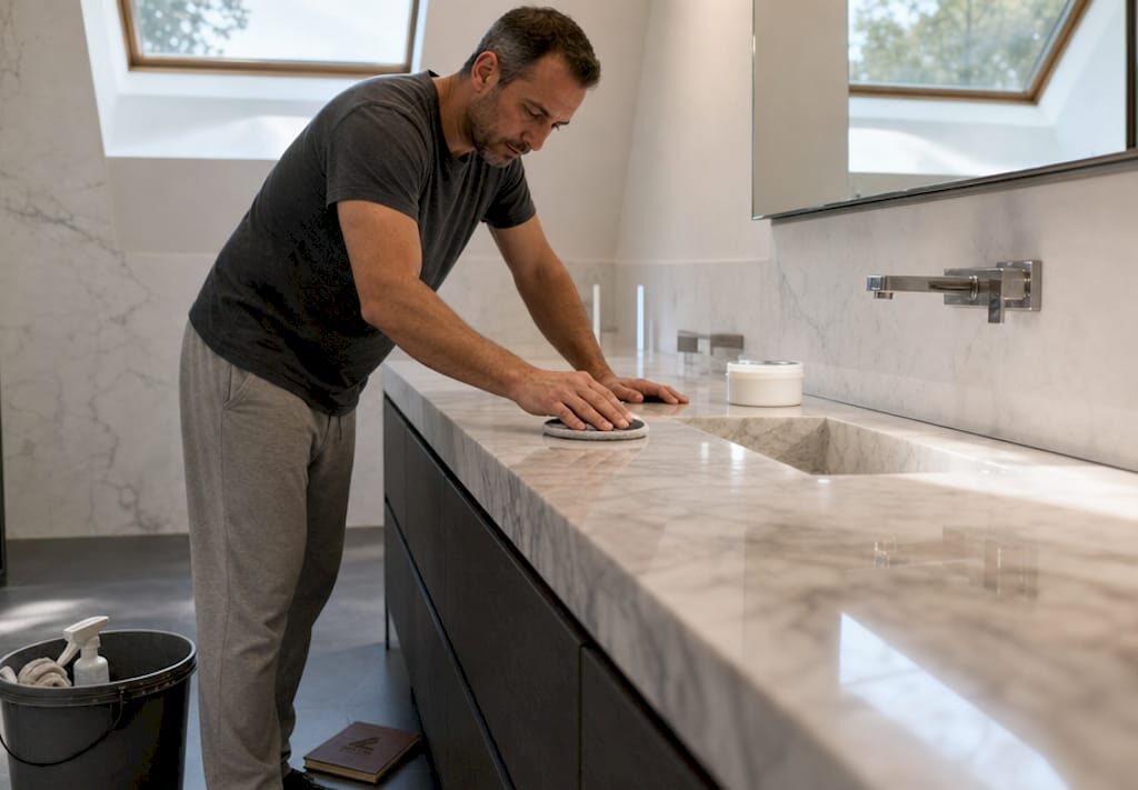 Person cleaning marble countertop at home