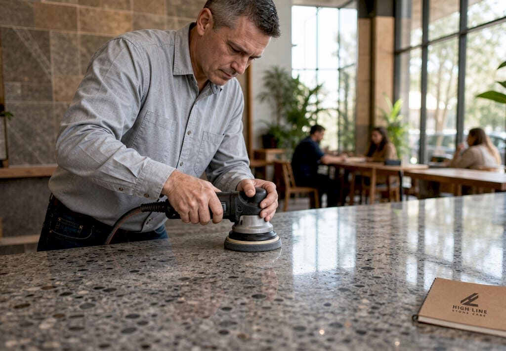 Man polishing marble countertop at home