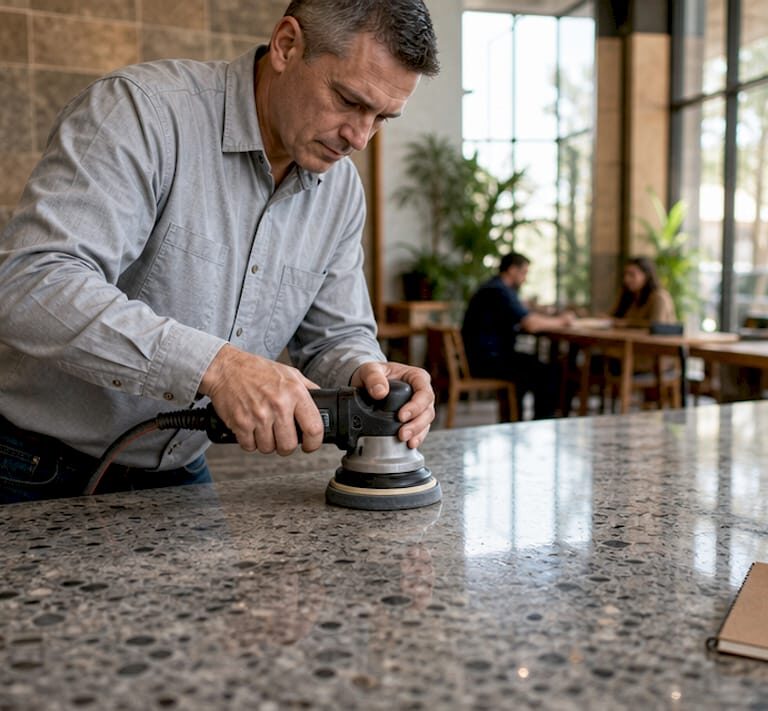 Man polishing marble countertop at home