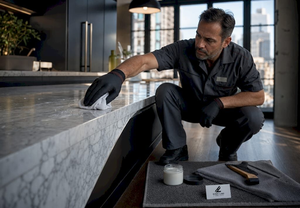 Stone care specialist applying marble sealer in NYC kitchen