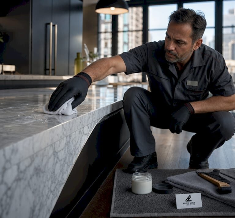 Stone care specialist applying marble sealer in NYC kitchen