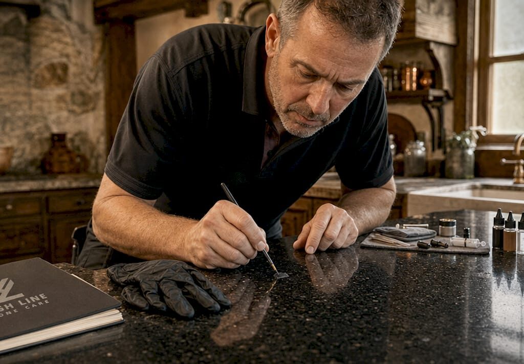 Man repairing granite countertop chip in kitchen