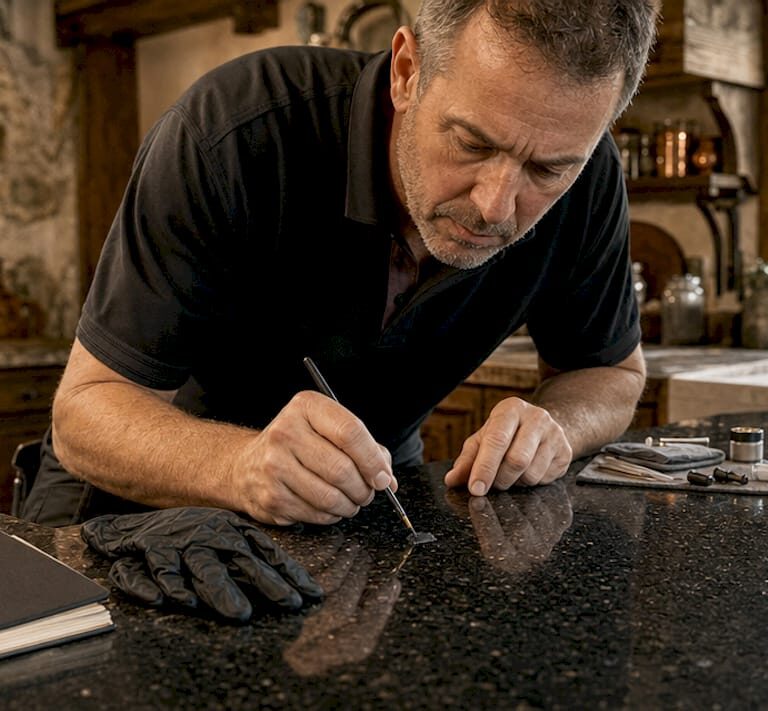 Man repairing granite countertop chip in kitchen