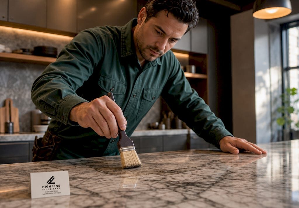 Technician applying acid resistant sealer on marble surface
