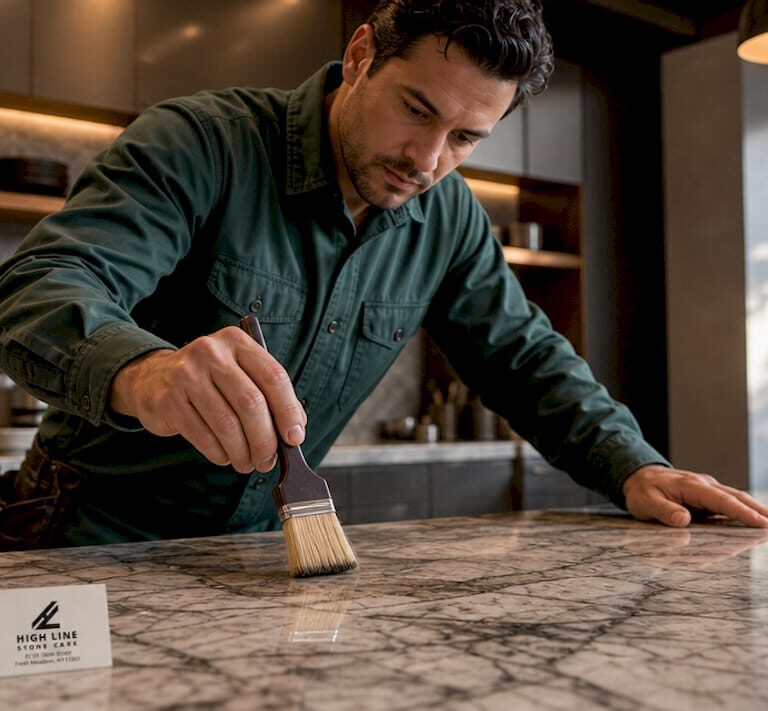 Technician applying acid resistant sealer on marble surface