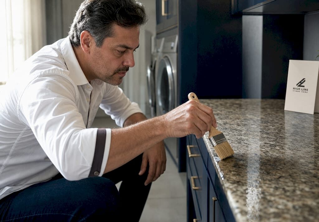 Professional applying sealer on granite countertop
