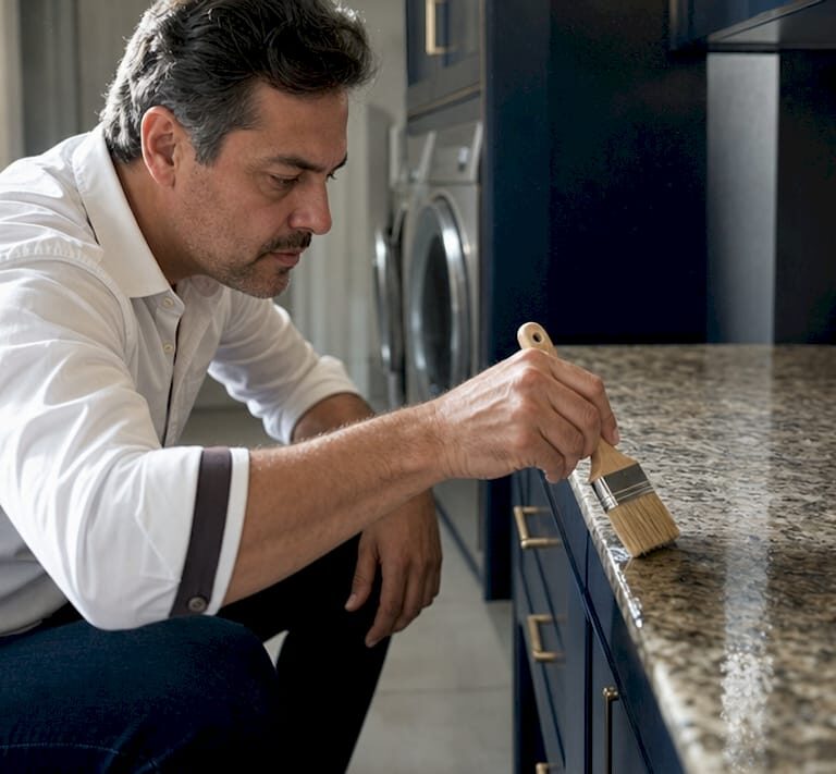 Professional applying sealer on granite countertop