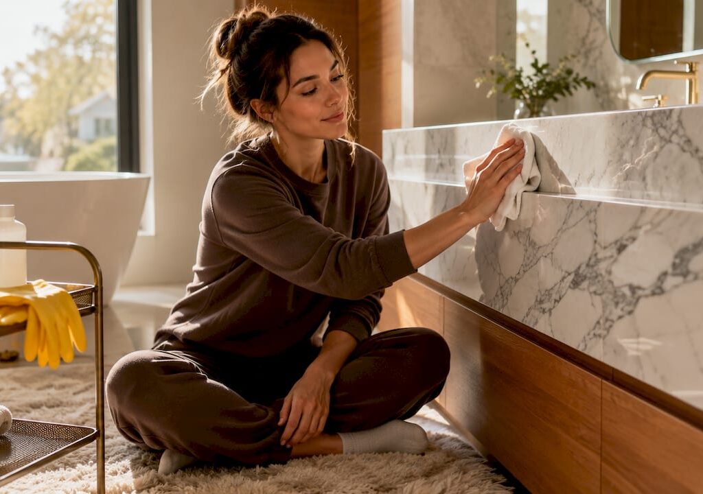 Homeowner sealing marble bathroom vanity surface