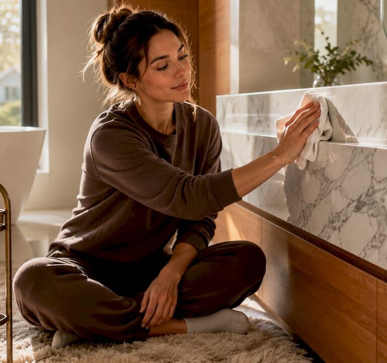 Homeowner sealing marble bathroom vanity surface
