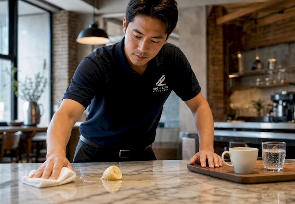 Technician cleaning acid spill on marble countertop