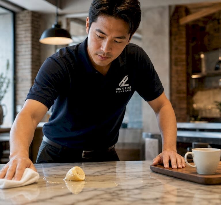 Technician cleaning acid spill on marble countertop