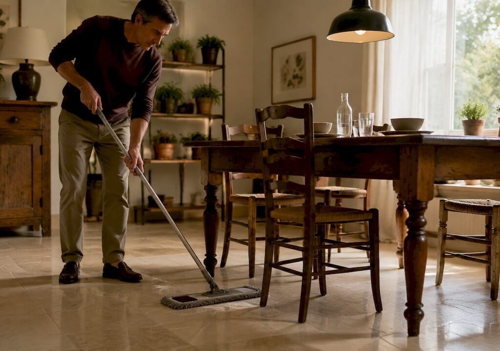 Homeowner dry mopping stone floor