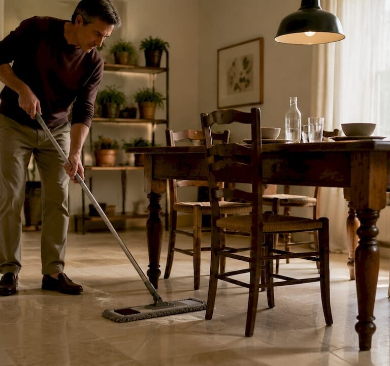 Homeowner dry mopping stone floor