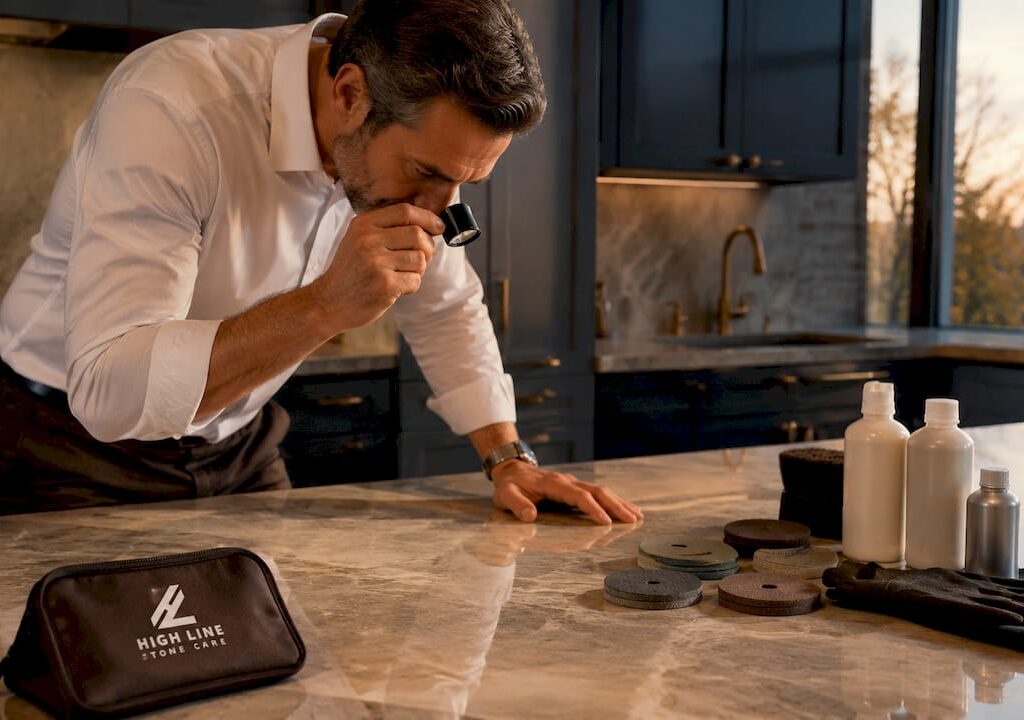 Stone care expert inspecting stone countertop