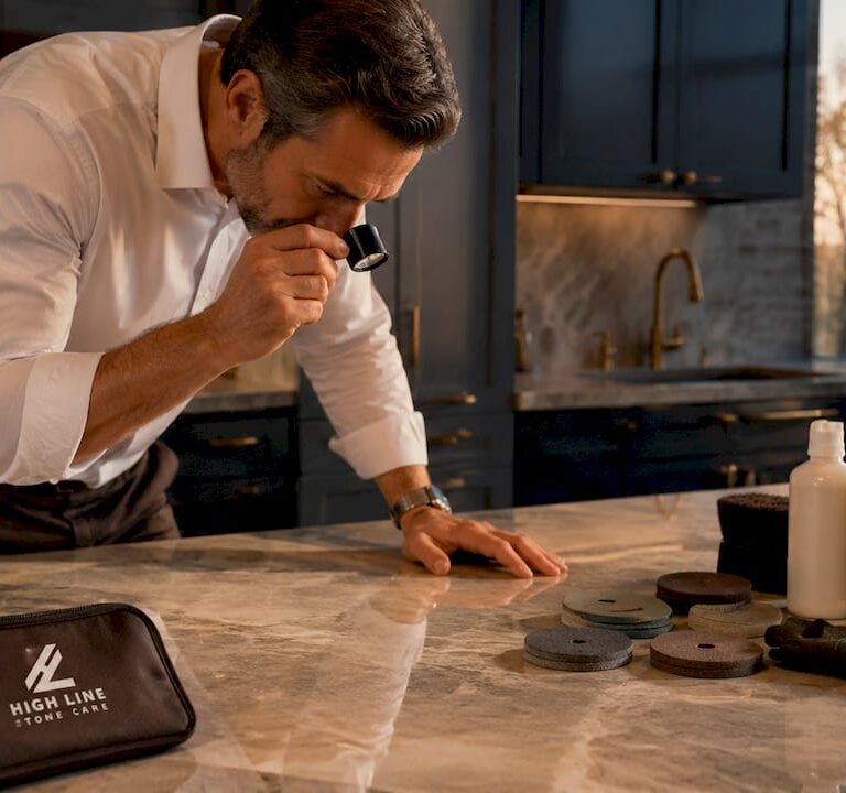 Stone care expert inspecting stone countertop
