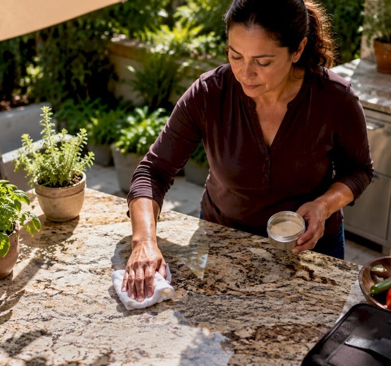 Woman applying sealer on granite countertop