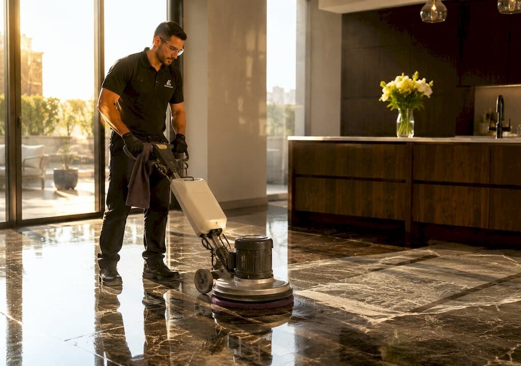 Stone care specialist polishing marble floor indoors
