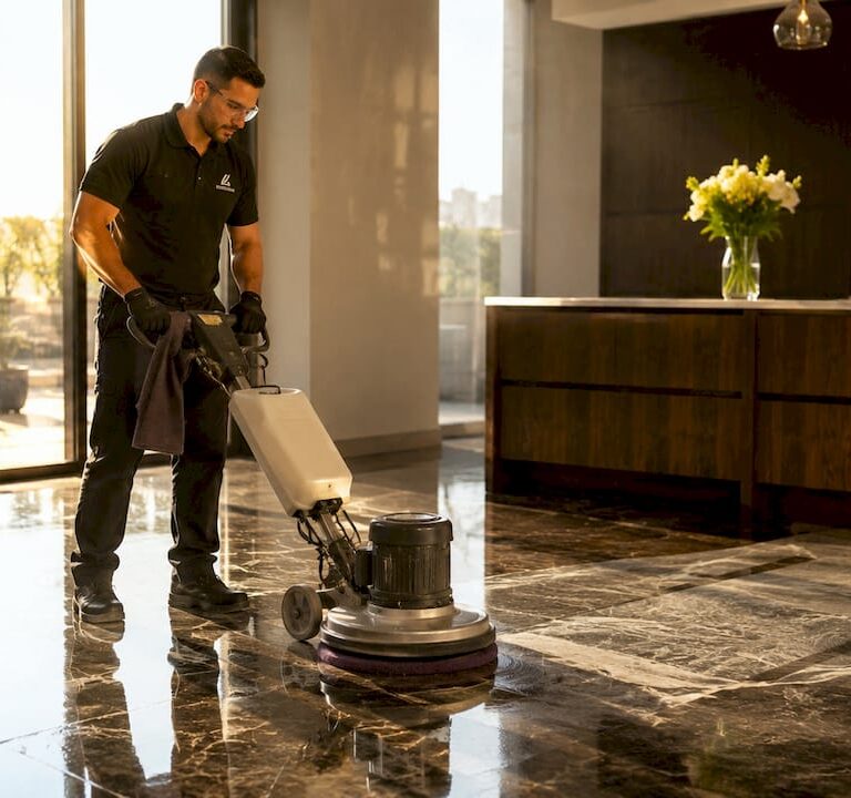 Stone care specialist polishing marble floor indoors