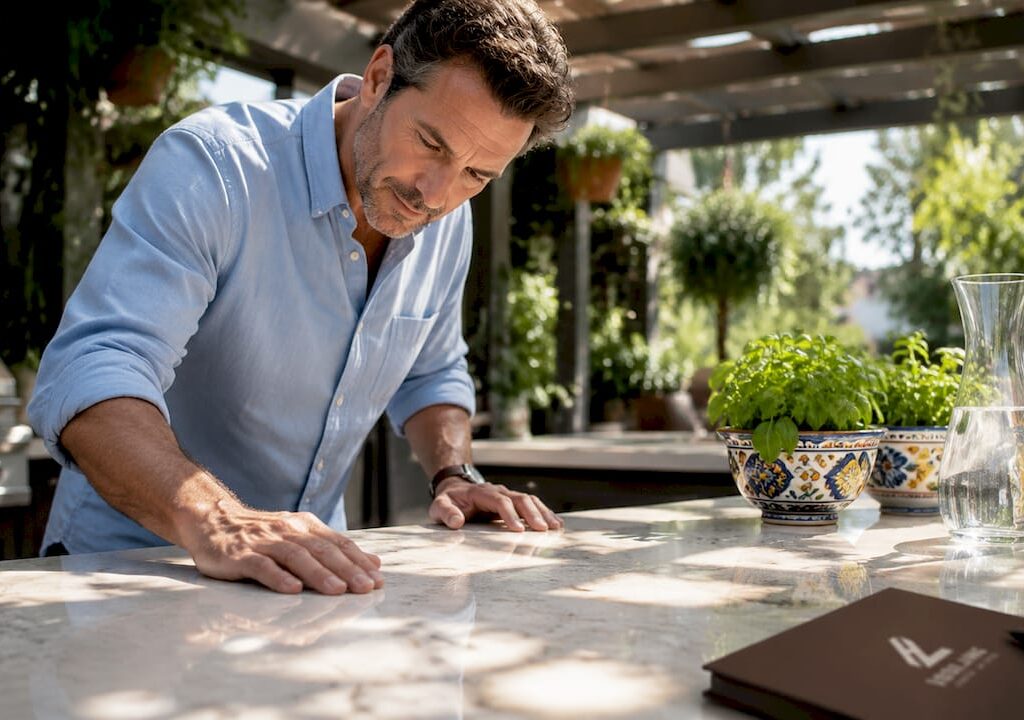Homeowner inspecting etched marble kitchen countertop