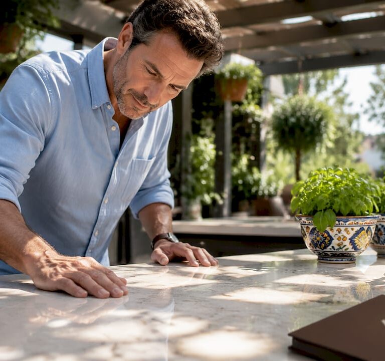 Homeowner inspecting etched marble kitchen countertop