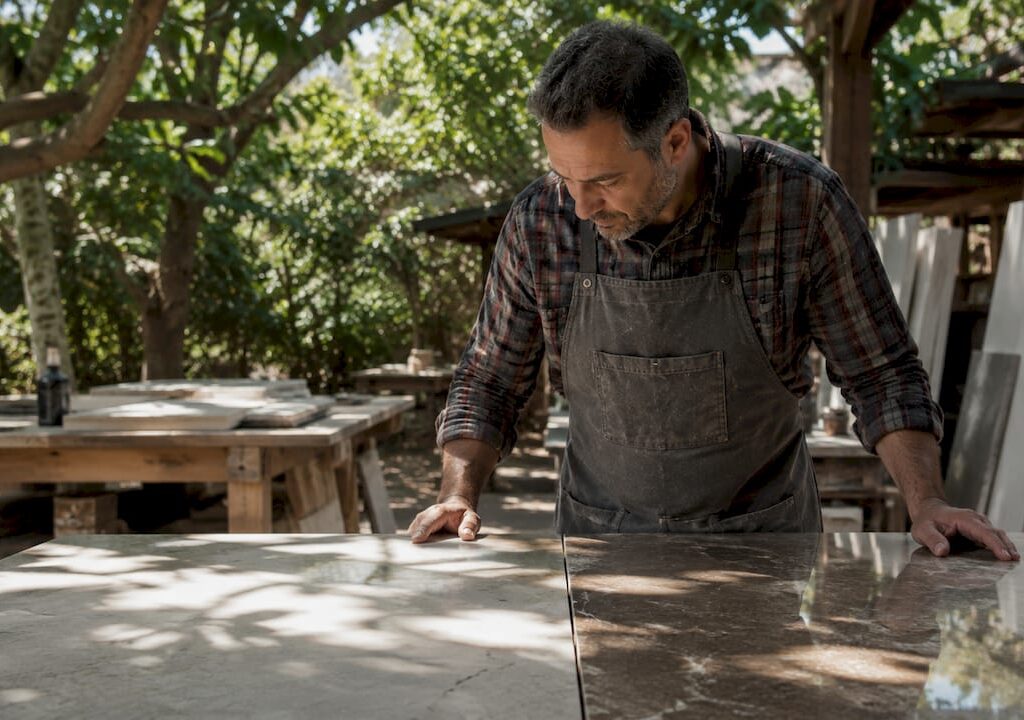 Stone fabricator comparing honed and polished surfaces