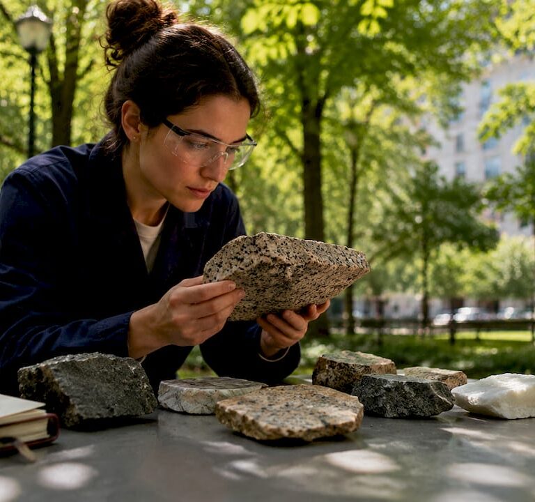 Geologist inspecting granite stone sample