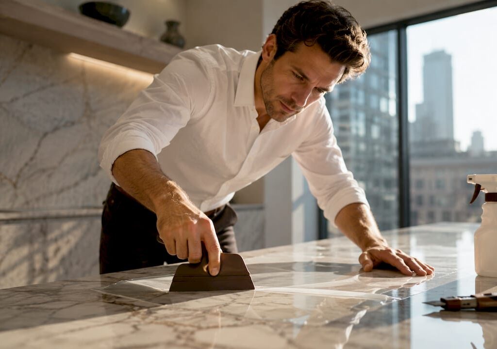 Installer applying protective film on marble countertop