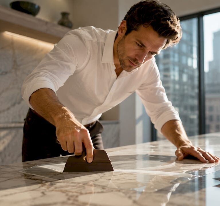 Installer applying protective film on marble countertop