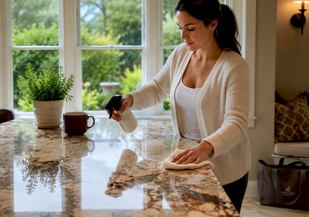 Homeowner sealing granite kitchen countertop