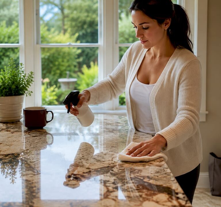Homeowner sealing granite kitchen countertop