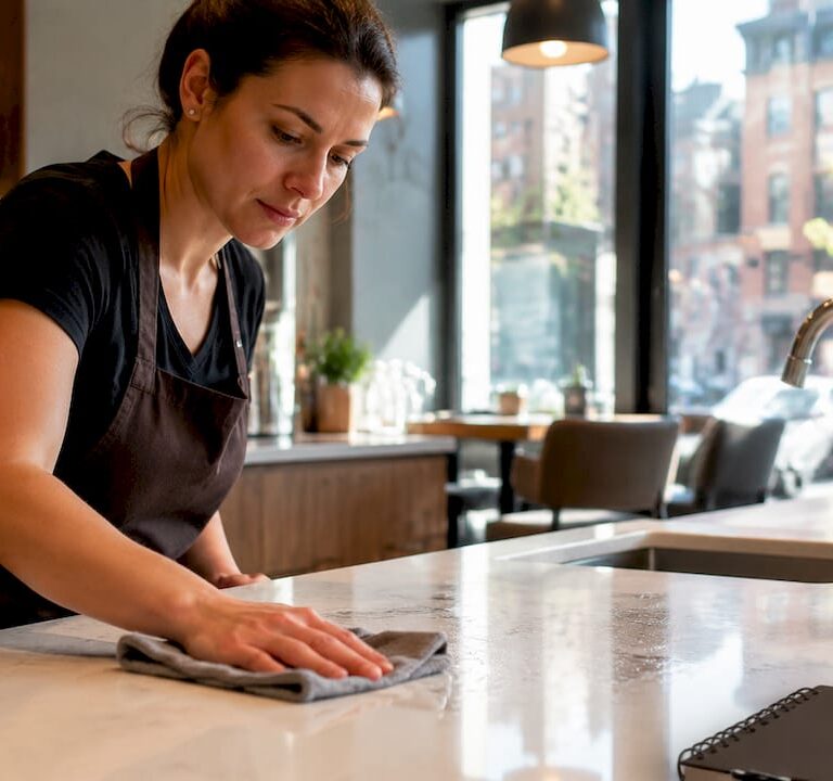 Woman cleaning Caesarstone countertop