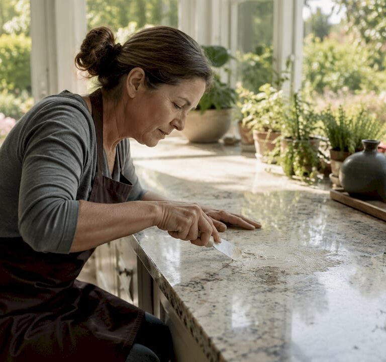 Woman applying poultice on granite stain