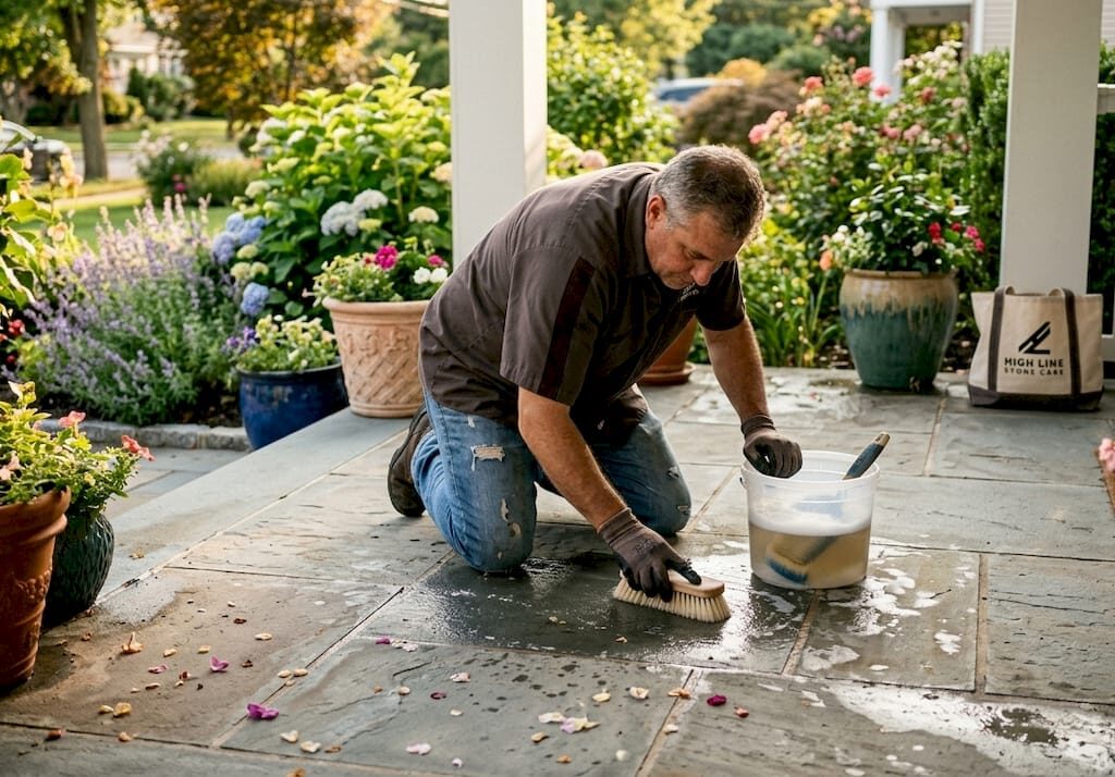 Homeowner scrubbing bluestone patio in shade