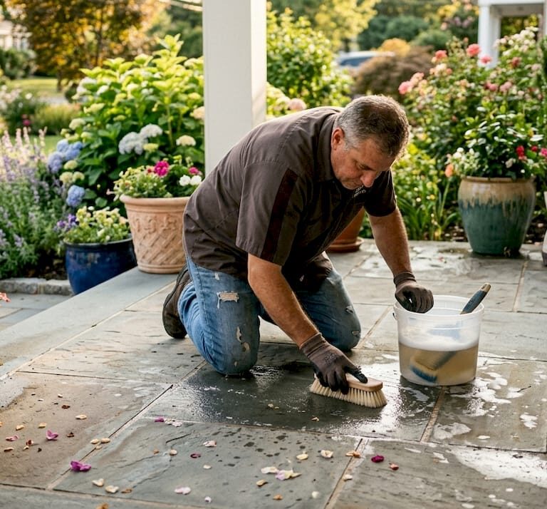 Homeowner scrubbing bluestone patio in shade