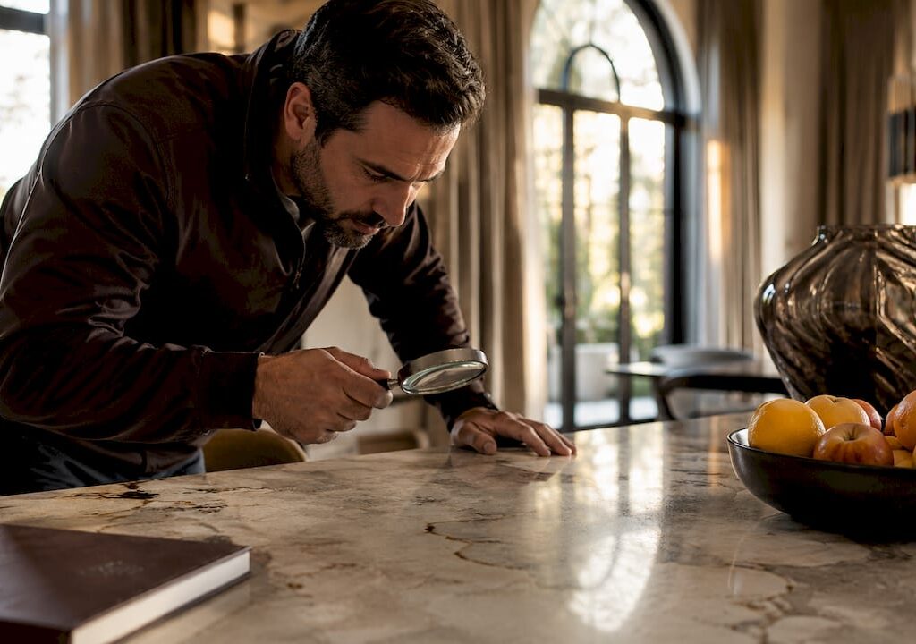 Man inspecting damaged marble countertop indoors
