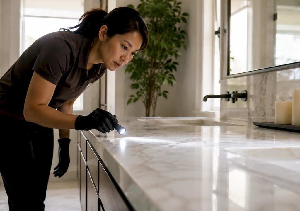 Woman inspecting marble countertop for damage