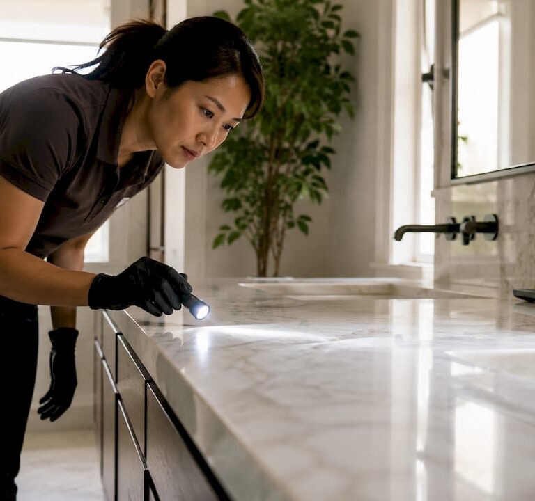 Woman inspecting marble countertop for damage