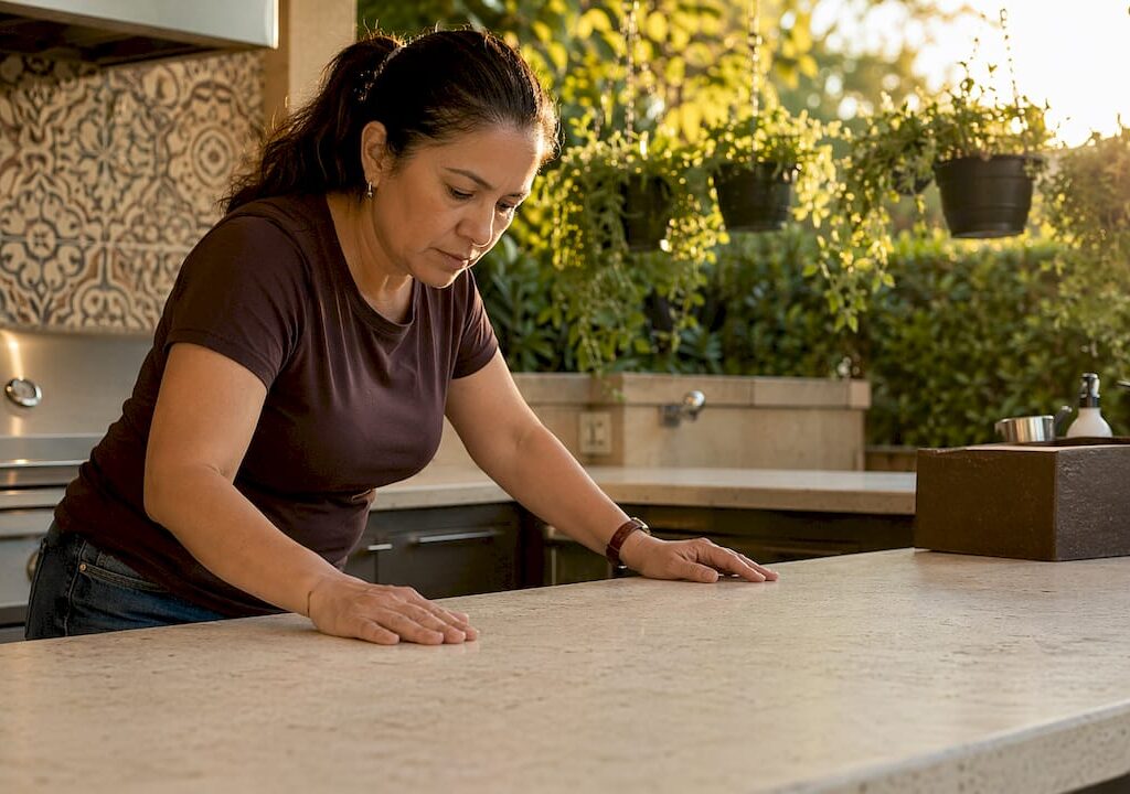 Woman inspecting natural stone countertop indoors