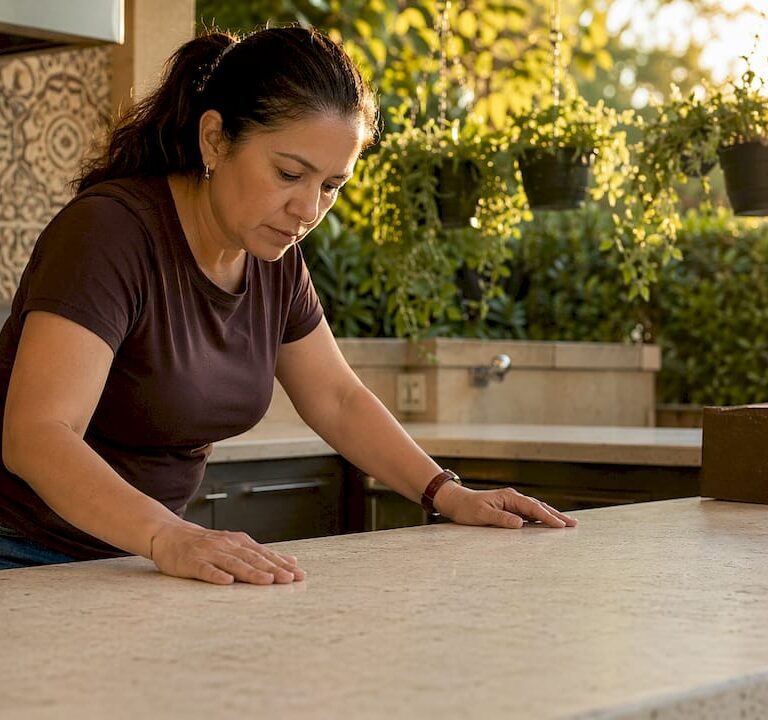 Woman inspecting natural stone countertop indoors
